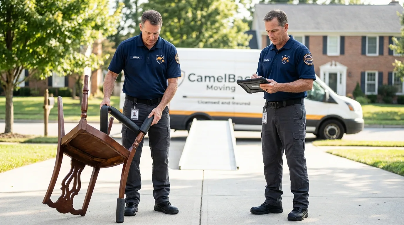 Movers inspecting furniture for damage prevention before loading in Atlantic Beach, NC